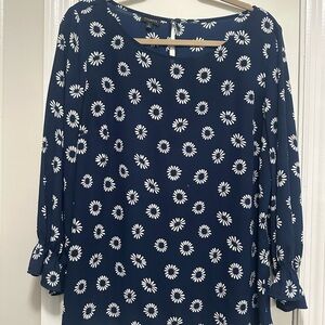 Talbots Navy Blue Blouse with White Floral Design